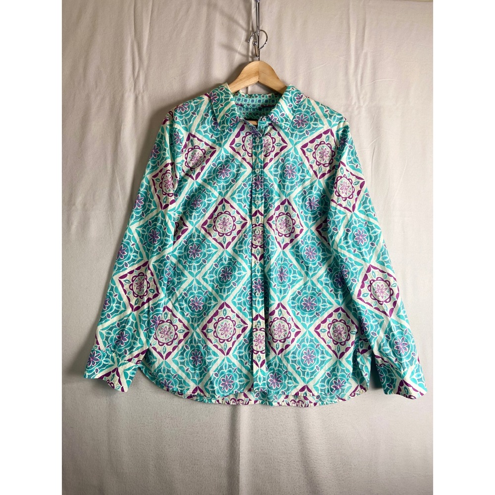 Talbots Womens XL Turquoise Purple Geometric Floral Tile Button Down Shirt Boho
